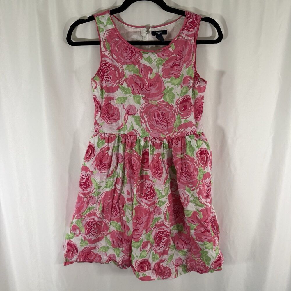 Gap Kids Dress Girls XXL Pink Floral Sleeveless Zip Back Round Neck 100% Cotton